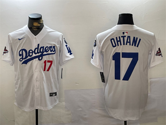 Men's White Los Angeles Dodgers #17 Shohei Ohtani 2024 World Series Champions With Fernando Memorial Patch Home Limited Stitched Baseball Jersey